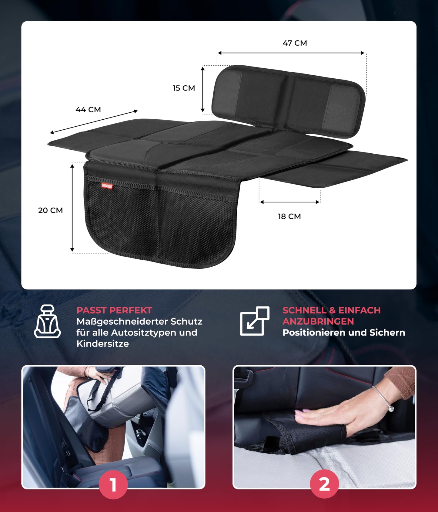 HerzensKind Premium Kindersitzunterlage, der Beste Schutz für Ihre Autositze, universeller Autositzschoner für Textil- und Ledersitze, ISOfix geeigneter Sitzschoner für alle Kindersitze (S (2-Pack))