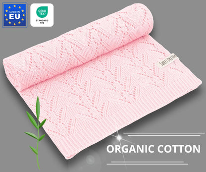 Mikos* 100% Bio-Baumwoll Leichte Babydecke - Ajourmuster - Perfekt für Sommer & Frühling - Strickdecke für Babys, Kinder und Neugeborene Hypoallergen 80x100cm (28) (Hellrosa)