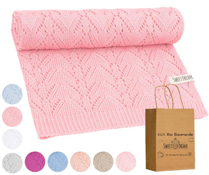 Mikos* 100% Bio-Baumwoll Leichte Babydecke - Ajourmuster - Perfekt für Sommer & Frühling - Strickdecke für Babys, Kinder und Neugeborene Hypoallergen 80x100cm (28) (Hellrosa)
