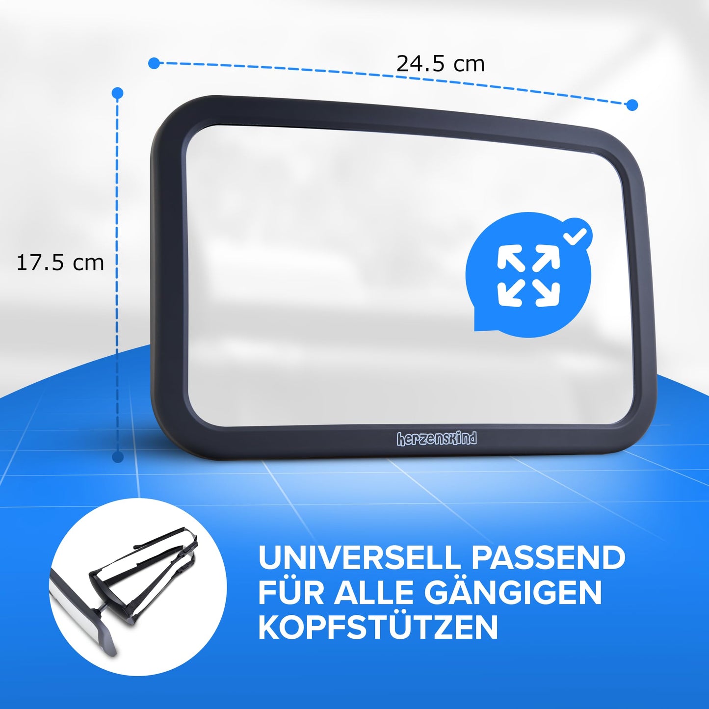 HerzensKind XXL Autospiegel für Babys im Rücksitz. 25% größer für perfekte Übersicht. Rücksitzspiegel mit mattem Finish ohne Einzelteile