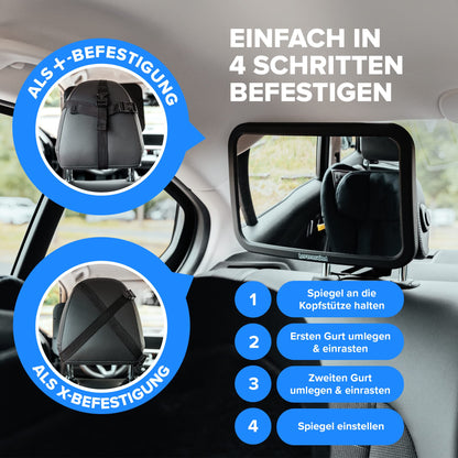 HerzensKind XXL Autospiegel für Babys im Rücksitz. 25% größer für perfekte Übersicht. Rücksitzspiegel mit mattem Finish ohne Einzelteile