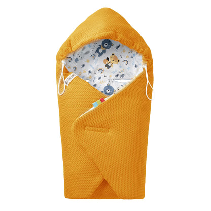 Baby Einschlagdecke Babyschale Winter Strickdecke Kinderwagendecke Fußsack Baby 100% Baumwolle mit Füllung Universal für Kinderwagen Buggys Frühling Maxi Cosi 3 Punkt Gurt Beige Grau(39) (Senfgelb)