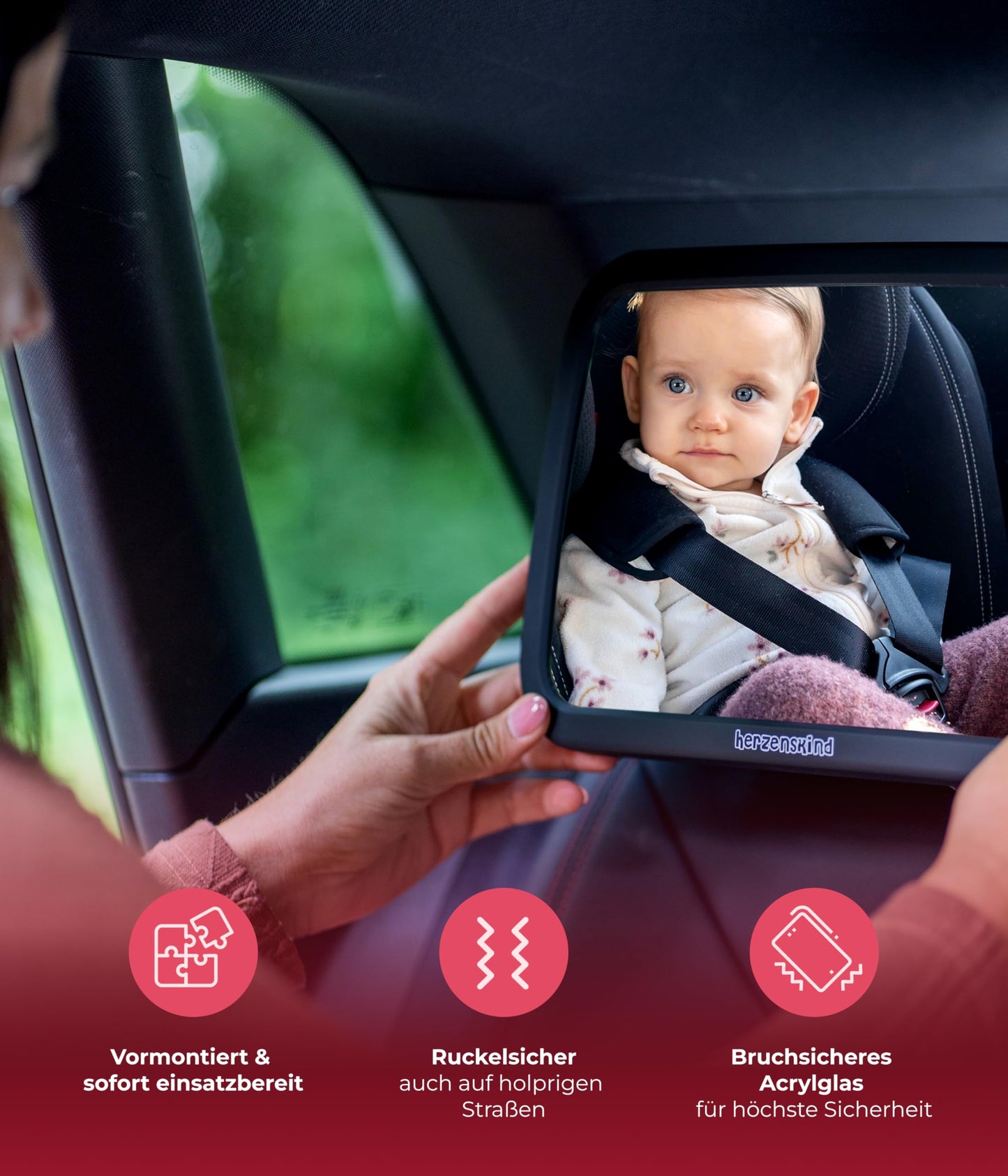 HerzensKind XXL Autospiegel für Babys im Rücksitz. 25% größer für perfekte Übersicht. Rücksitzspiegel mit mattem Finish ohne Einzelteile