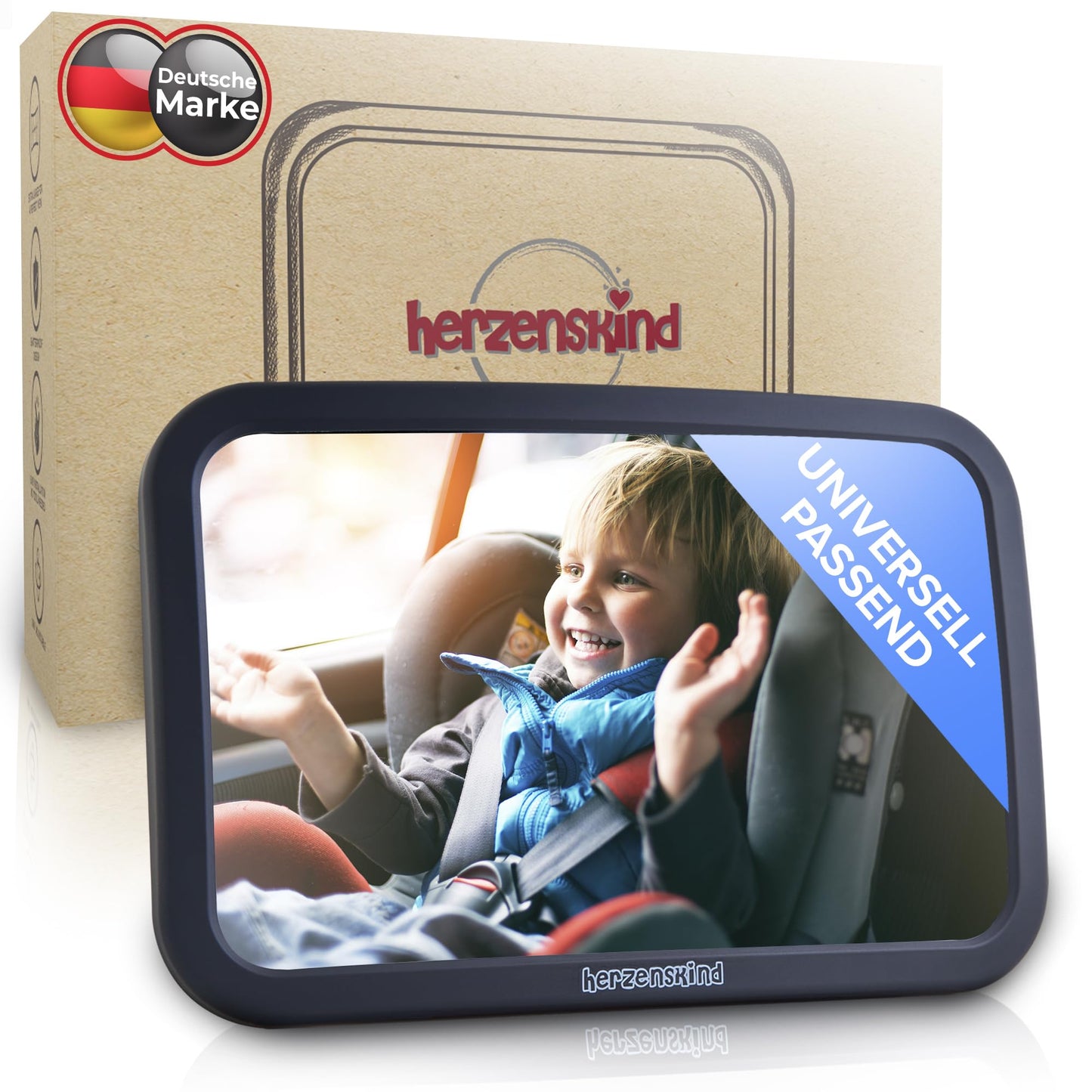 HerzensKind XXL Autospiegel für Babys im Rücksitz. 25% größer für perfekte Übersicht. Rücksitzspiegel mit mattem Finish ohne Einzelteile
